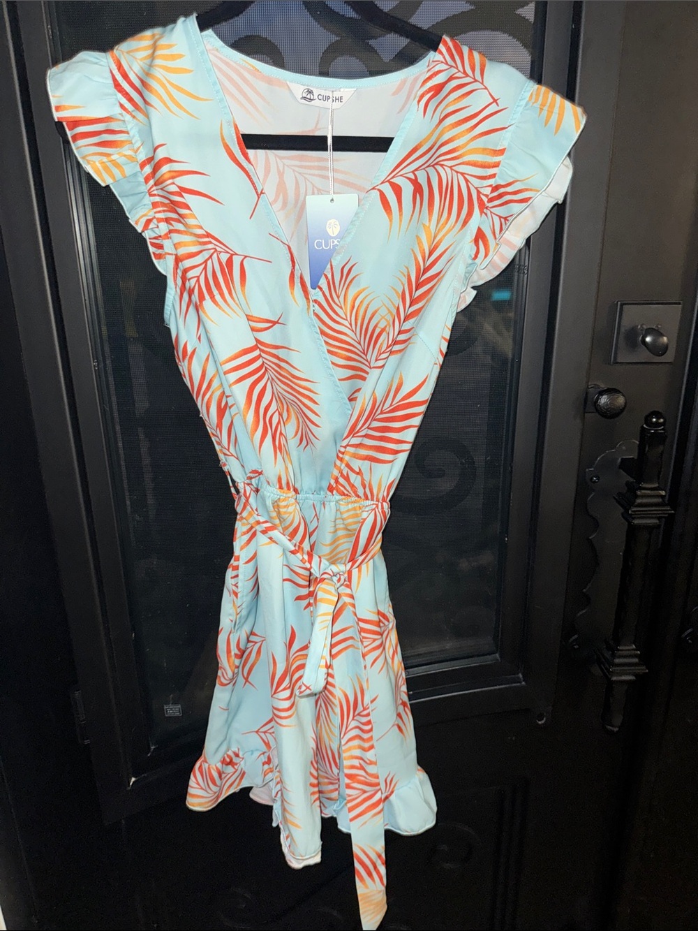 Cupshe Aqua Blue Wrap Mini Dress with Orange Palm Print